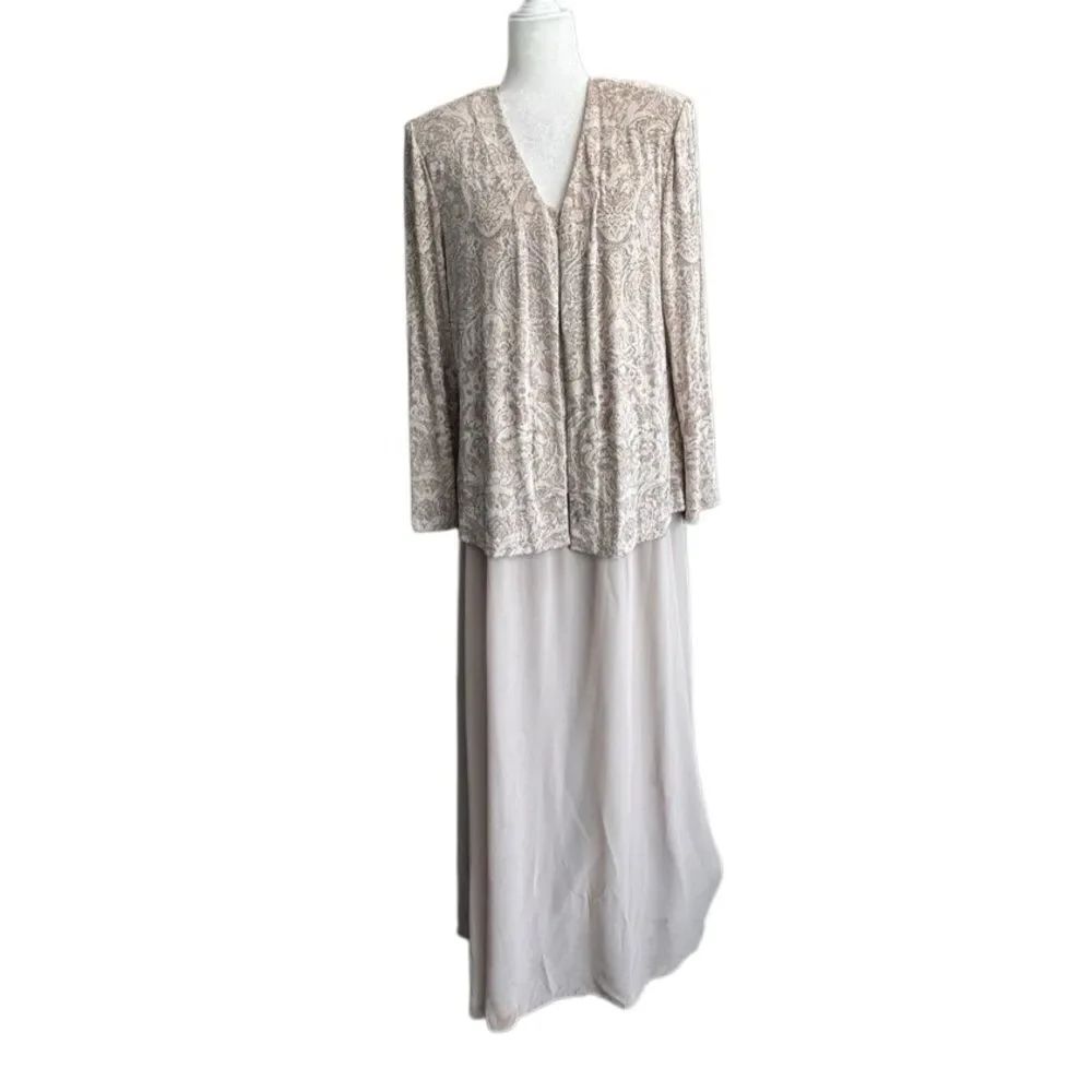 Alex Evenings Beige and Cream Maxi Dress Matching Jacket SZ 18